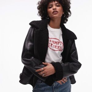 Topshop shearling aviator jacket in black